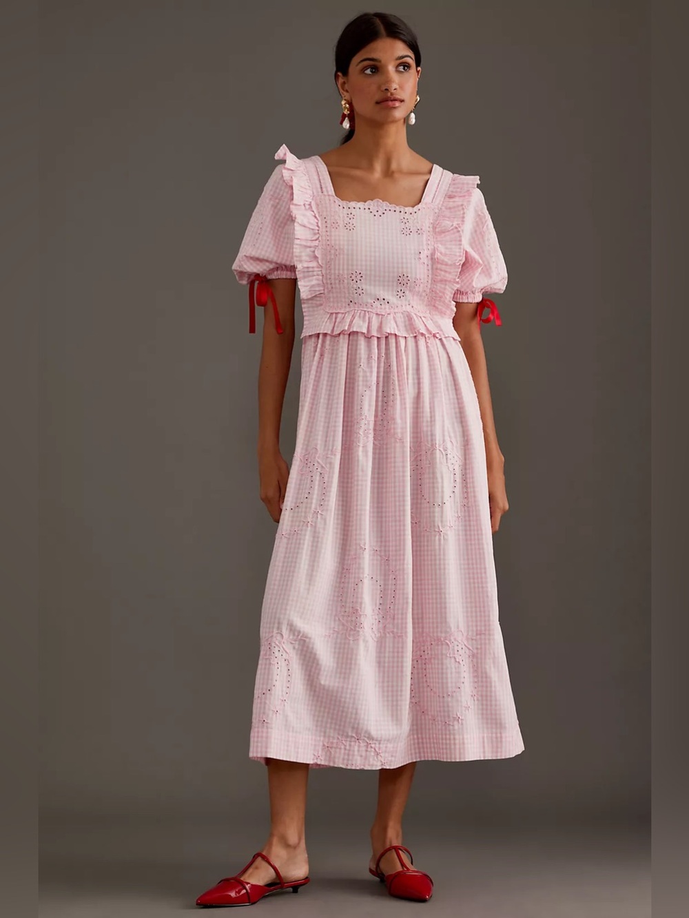 Damson Madder Rhea Puff-Sleeve Midi Dress Pink Gingham Sz US 10 - Picture 2 of 16